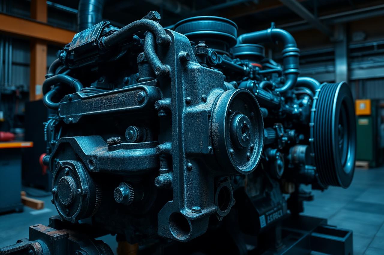 Motor diesel de caminhão em bancada de oficina de veículos pesados